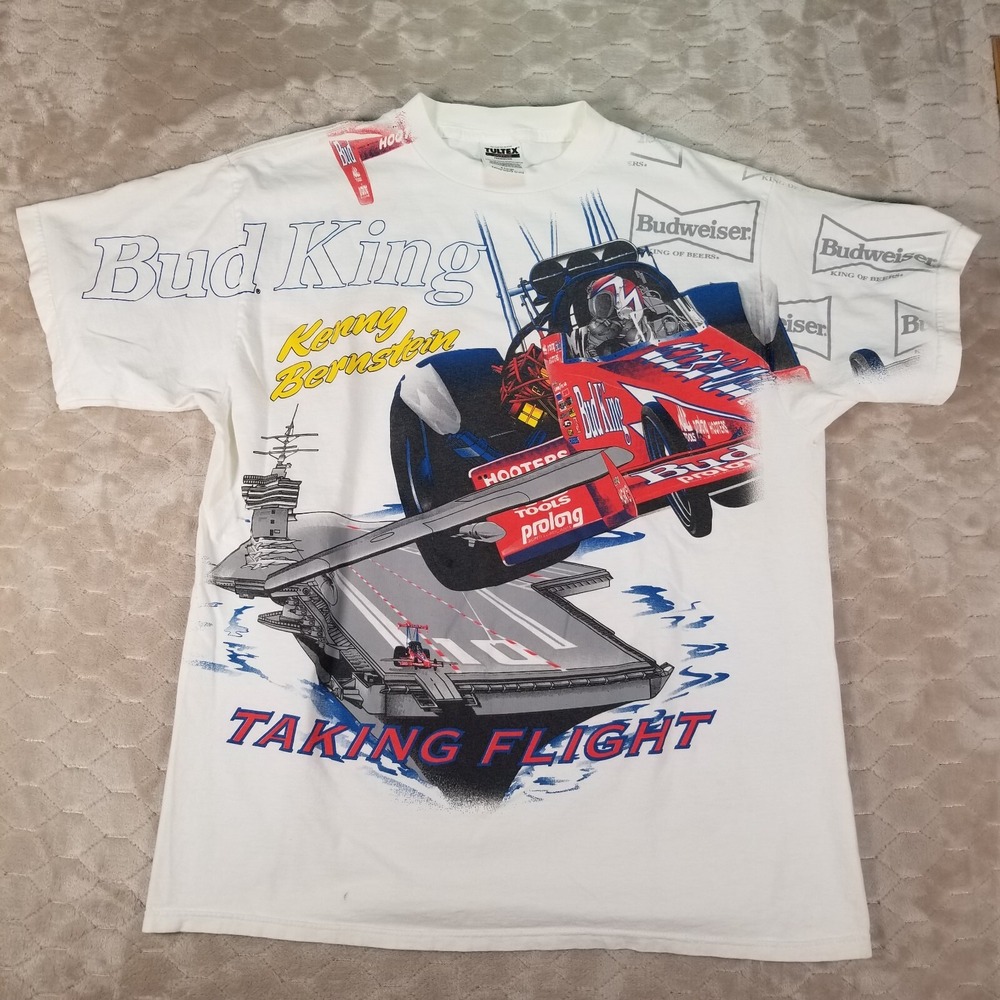 VTG NHRA Kenny Bernstein Bud King Aircraft‎ Carrier AOP Shirt Sz XL 1997 WORN